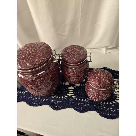 Vintage‎ Mojolica Style Cabisters. Featuring Grape And Leaf Design. Dark...
